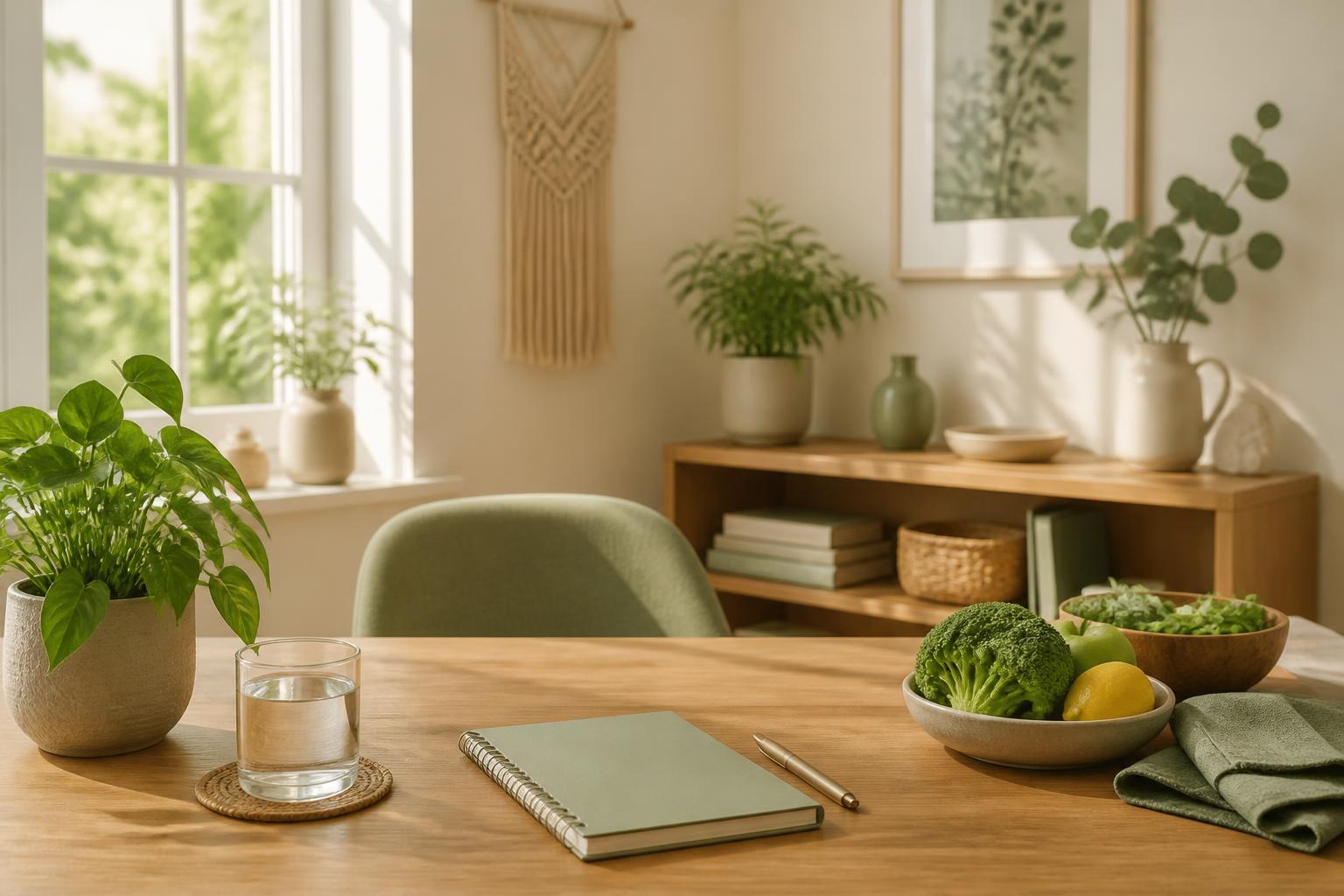 A calm, sunlit nutrition coaching office with green plants and natural wood