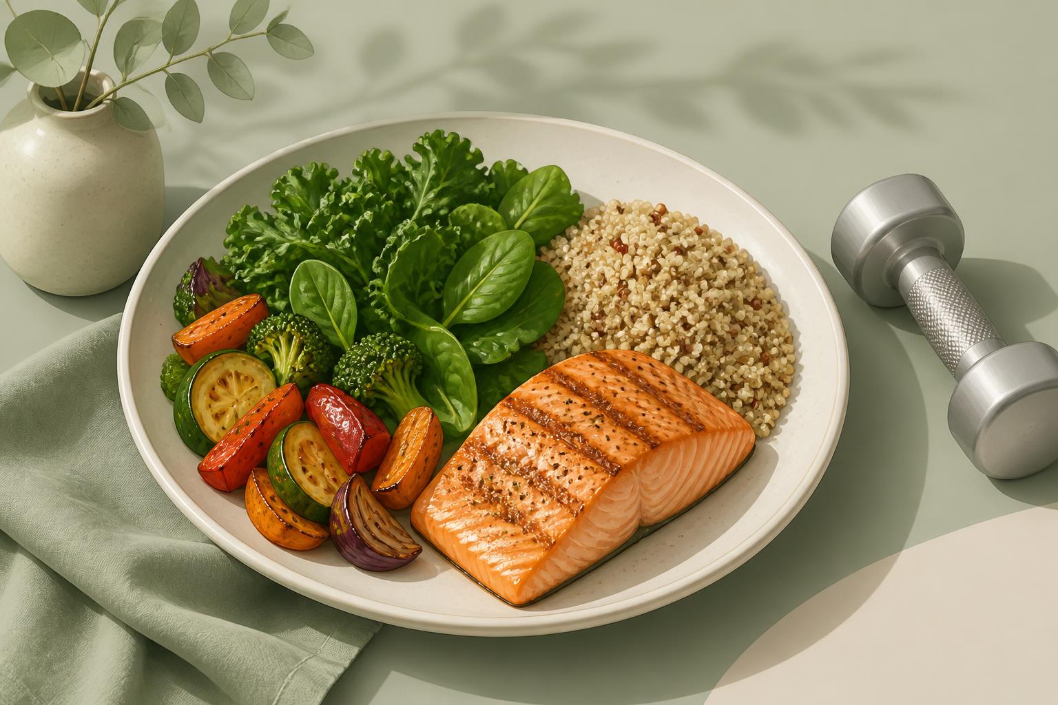 A balanced plate with salmon, vegetables, grains, and a dumbbell nearby